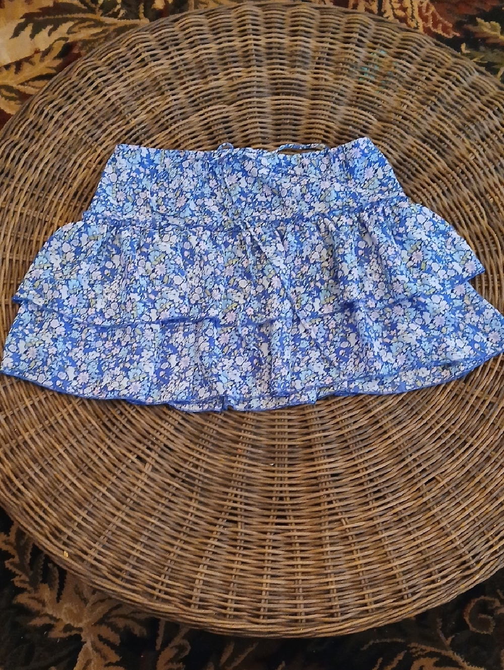 Wild Flable Medium Blue Floral Ruffle Tiered Mini Skirt